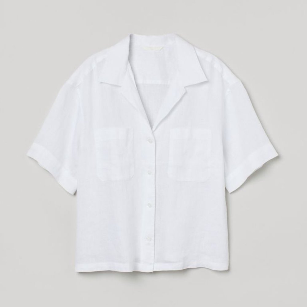 100% Linen White Button Down Short Sleeve Shirt H&M XS